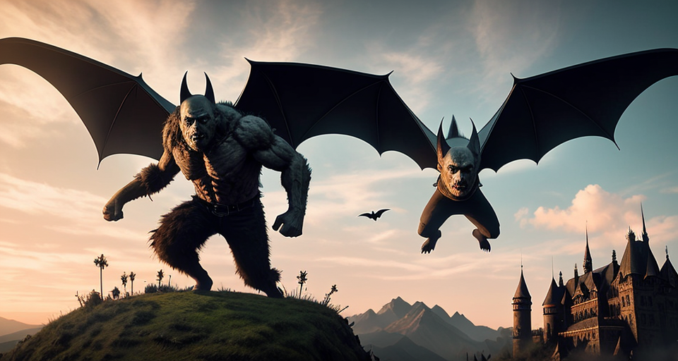 A giant bat flying in the sky, holding a Frankenstein monster with its feet. Ensure the scene is visually striking and attention-grabbing, capturing the fantastical nature of the encounter, perfect anathomy well lit reticular effect 3D cinematic perfect compotition UHD insanely detailed 64k raw Style