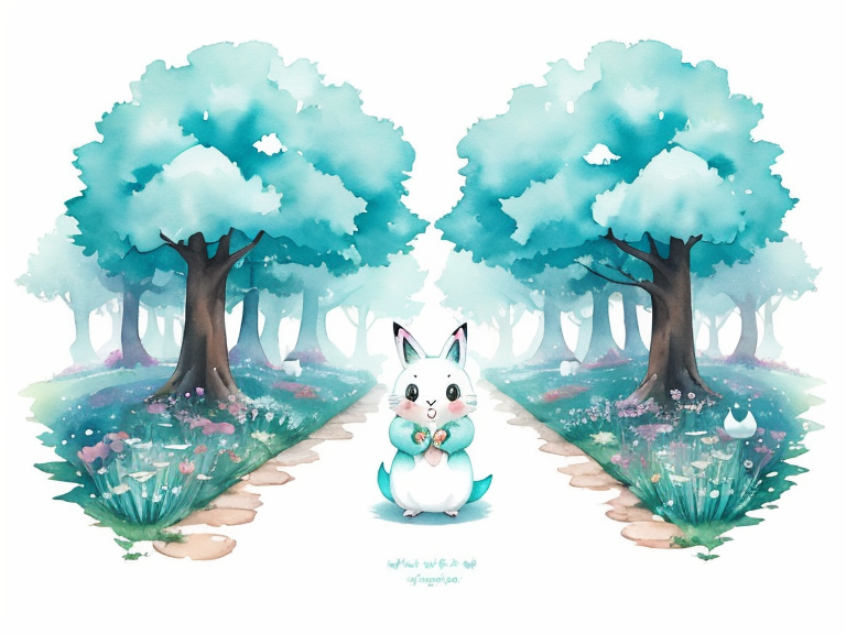 fairytale maze with turquoise fog, nice art, well hand-drawn art, colorful, Small body, Cute animal, Cute clothing, Full body, Cute Eyes, Cute expressions, Watercolor style, Storybook style, Character Design, Illustrator, Digital watercolor, White background, Cartoon style, Kawaii, white background, one single character, pokemon style