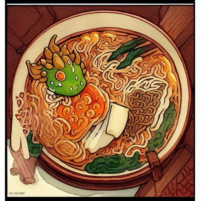Copper dragonkin dnd character , wearing traditional kimono, cooking ramen, art detailed cartoon clip art, illustration, Cartoon, watercolor, ink illustration, in the style of Studio Ghibli Beige, traditional japanese Folding screens, cute + Abstract --v 4, painting art