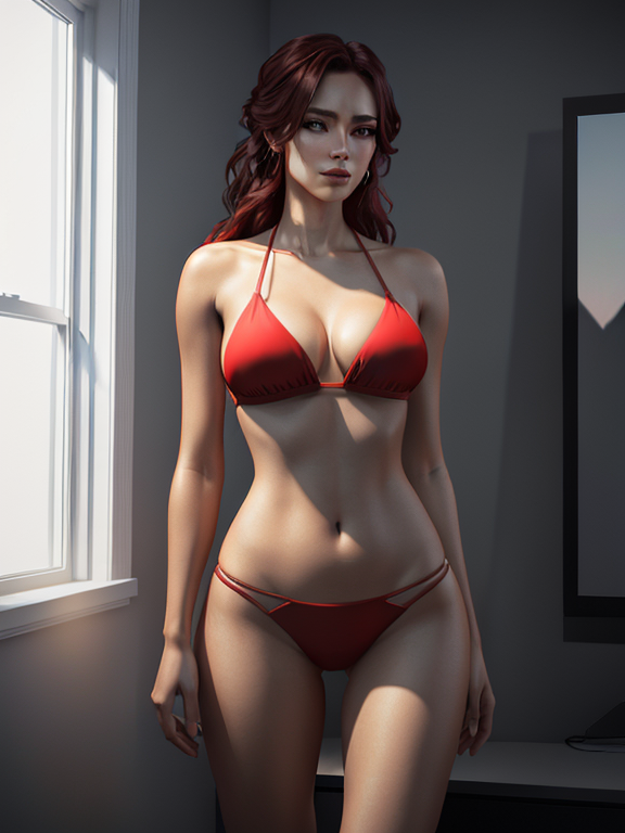 Portrait, A beautiful woman that is standing in a modern room, bikini red , full body view, real full body height, beautiful woman standing confidently in a bright, modern room with minimal decor, vivid lighting, and an elegant atmosphere, highly detailed and intricate digital painting, with sharp focus and smooth textures, inspired by the works of artgerm, Beautiful hair, Makeup, Octane render, 8k, Beautiful lighting, Golden ratio composition, hyper realistic