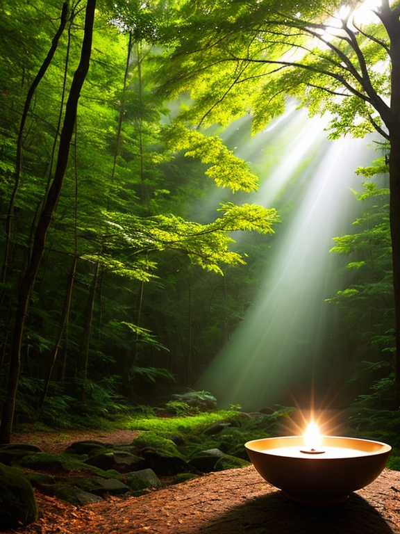 a meditation setup in a dense forest where it rains, sunshine shines through the leaves and beams a light to a singing bowl