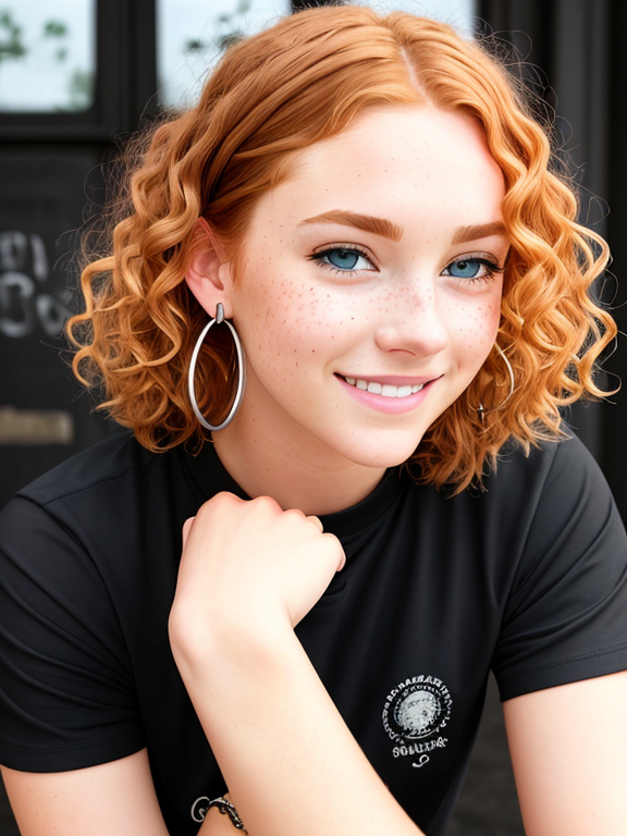 A man with a short ginger beard, dirty blonde wavy hair, blue eyes, big smile, wearing a black and red t shirt and black cargo trousers. The man had his arm around a smaller girl who has ginger curly hair with green eyes and freckles on her face. She’s wearing a black top and a black pleated shirt with hoop earrings, septum piercing, nose ring all in silver in a studio ghibli style with soot sprites in the distance 