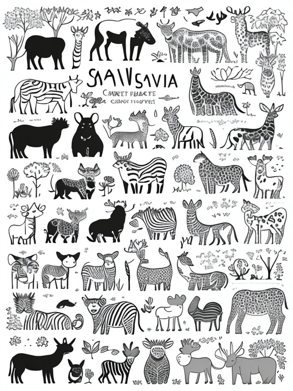 I want to create a  savanna forest theme based doodle high resolution art. Please keep the color monotonous. Don't use multiple colors in the theme. Make the illustration in a single frame. Use attractive and funny animals.