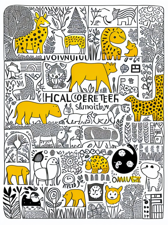 I want to create a  savanna forest theme based doodle high resolution art for printing. Please keep the color monotonous. Don't use multiple colors in the theme. Make the illustration in a single frame. Use attractive and funny animals.