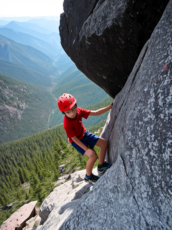 Image of a boy climbing a rocky mountain, with lacerations made by the sharp rocks, bleeding, but not giving up, holding firmly and climbing still to the top