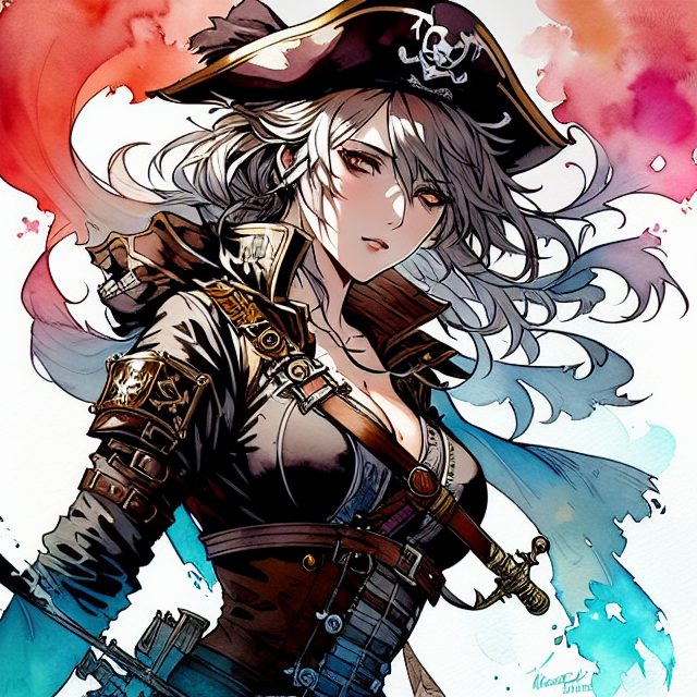 female pirate holding a sword, fantasy character, soul, digital illustration, comic book style, steampunk noir, perfect anatomy, centered, approaching perfection, dynamic, highly detailed, watercolor painting, artstation, concept art, soft, sharp focus, illustration, art by Carne Griffiths and Wadim Kashin, full background