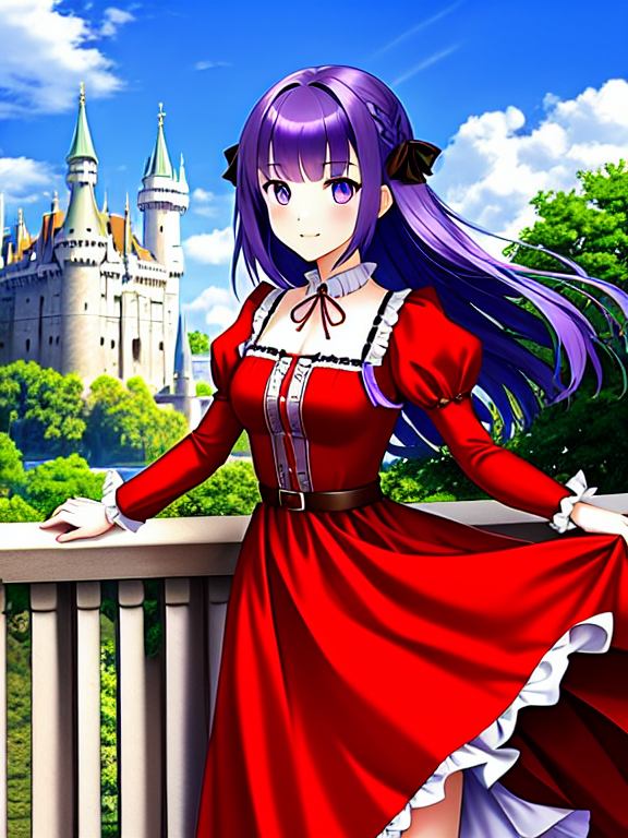 Cute anime girl with purple hair and a red dress near a castle from the renaissance