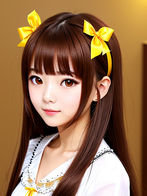 brown hair,a yellow ribbon hairpin, Hime cut, Korean, lively, playful, sharp but playful eyes, adult,clear anime, like bee, 8k