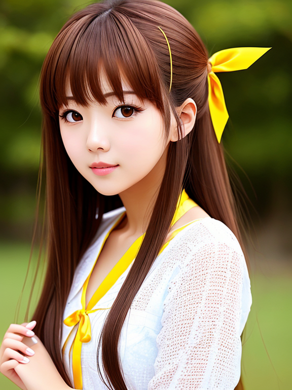 brown hair,a yellow ribbon hairpin, Hime cut, Korean, lively, playful, sharp but playful eyes, adult,clear anime, like bee, 8k