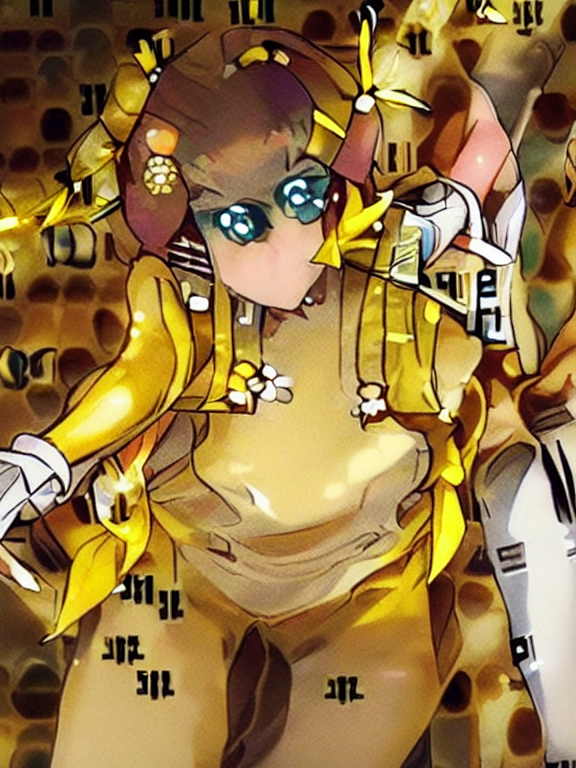 brown hair,a yellow ribbon hairpin, Hime cut, Korean, lively, playful, sharp but playful eyes, adult,clear anime, like bee, ((best quality)), (highly detailed)), Masterpiece, ((official art)), (detailed eyes, deep eyes), (1girl:1, 33, solo), low-tied long hair,  hair rings, Medium breasts,  wide hips, thick thighs, ((:p)), skin tight, Latex, thigh boots,  (goggles, goggles on head), (white gloves), belt