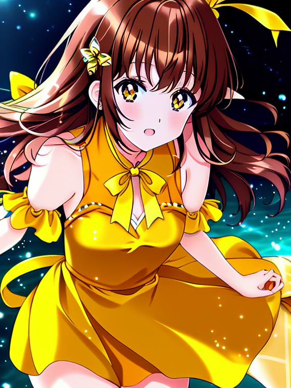brown hair,a yellow ribbon hairpin, Hime cut, Korean, lively, playful, sharp but playful eyes, adult,clear anime, like bee