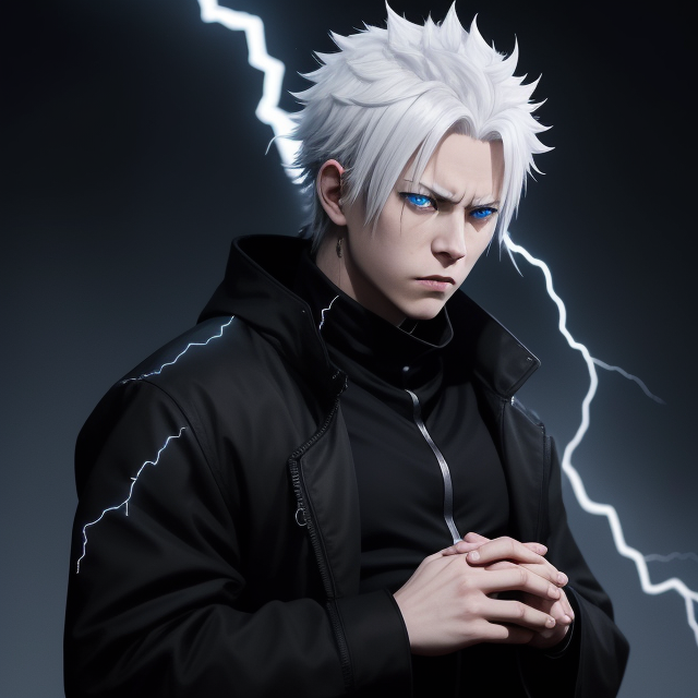 In the center of a stark black background, Satoru Gojo from jujutsu kaisen anime with spiky white hair and striking blue eyes commands attention. His expression is serious as he holds out his right hand, palm facing upwards. From this hand, a bolt of lightning crackles, its vibrant purple hue contrasting sharply against the darkness. The boy's left hand rests on his chest, fingers splayed in a relaxed manner. He is dressed in a black jacket that matches the intensity of the scene around him. The image captures a moment of intense energy and focus., vector, vibrant color, incredibly high details, white background, plashing colors, Cartoon character, stickers designs