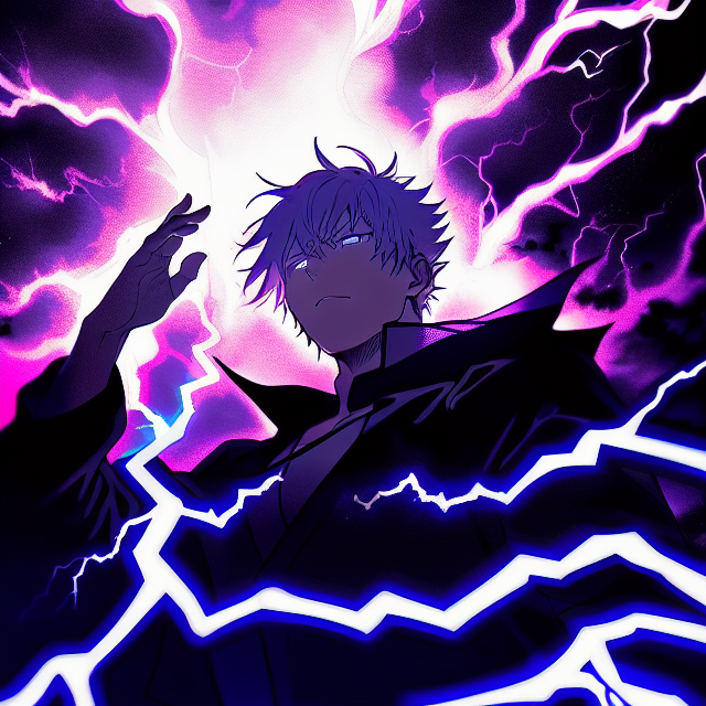 In the center of a stark black background, Satoru Gojo from jujutsu kaisen anime with spiky white hair and striking blue eyes commands attention. His expression is serious as he holds out his right hand, palm facing upwards. From this hand, a bolt of lightning crackles, its vibrant purple hue contrasting sharply against the darkness. The boy's left hand rests on his chest, fingers splayed in a relaxed manner. He is dressed in a black jacket that matches the intensity of the scene around him. The image captures a moment of intense energy and focus.