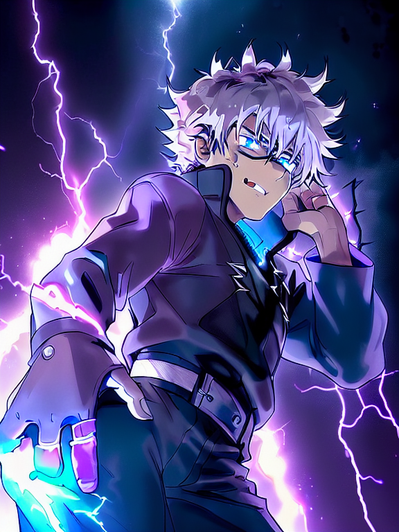 In the center of a stark black background, Satoru Gojo from jujutsu kaisen anime with spiky white hair and striking blue eyes commands attention. His expression is serious as he holds out his right hand, palm facing upwards. From this hand, a bolt of lightning crackles, its vibrant purple hue contrasting sharply against the darkness. The boy's left hand rests on his chest, fingers splayed in a relaxed manner. He is dressed in a black jacket that matches the intensity of the scene around him. The image captures a moment of intense energy and focus., ((best quality)), (highly detailed)), Masterpiece, ((official art)), (detailed eyes, deep eyes), (1girl:1, 33, solo), low-tied long hair,  hair rings, Medium breasts,  wide hips, thick thighs, ((:p)), skin tight, Latex, thigh boots,  (goggles, goggles on head), (white gloves), belt