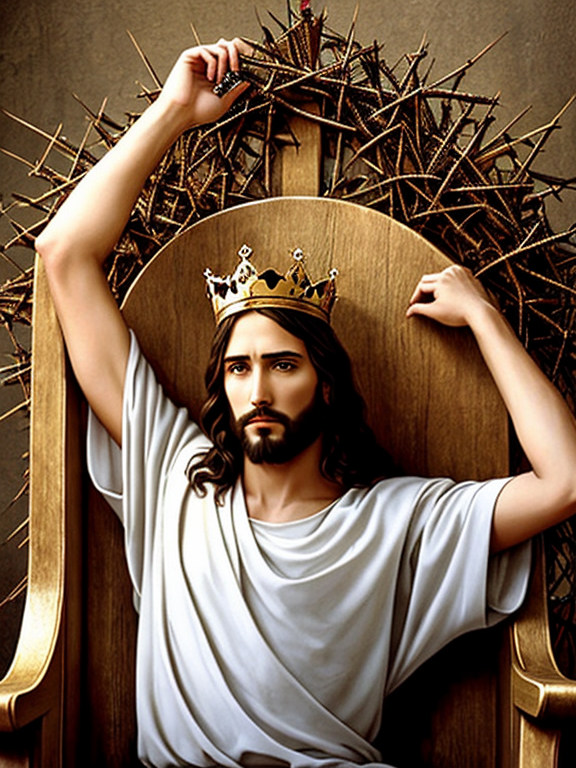 Jesus in a king chair with his crown made of thorns on his head and had one hand up and his head tilted down slightly