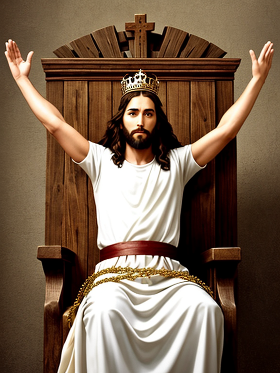 Jesus in a king chair wearing his crown made of thorns on his head and had one hand up in a high five motion and his head tilted down slightly with his other hand on the arm rest of the chair