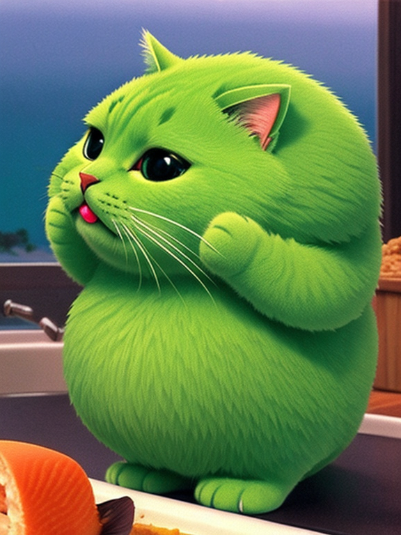 The chubby green cat is eating fish