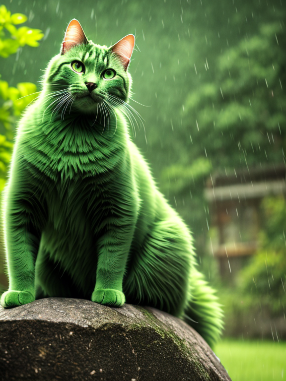 Green cat is fighting with giant fish, it's raining, 8k image