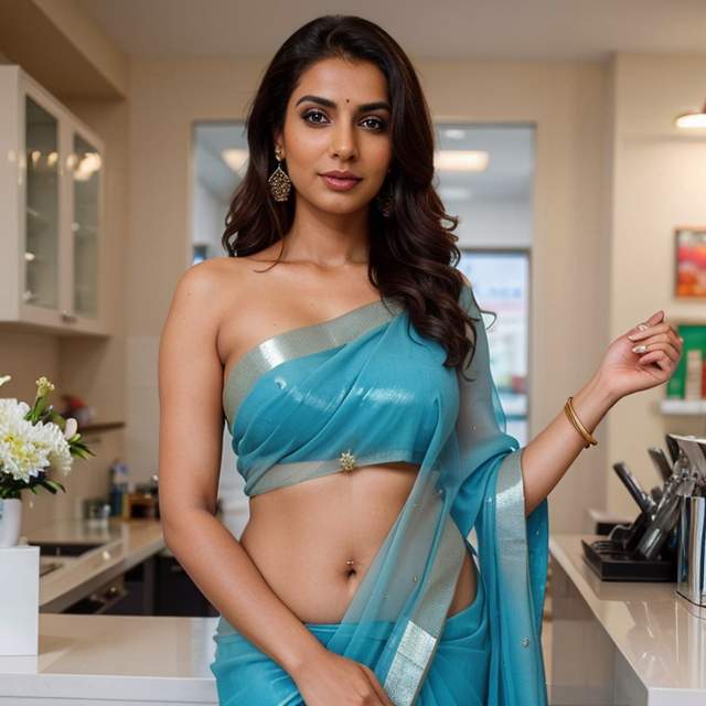 a photo of a beautiful, cute, 35 indian aunty, boob cut saree, standing behind the counter, blue eyes, shiny skin, freckles, detailed skin, price labels, a masterpiece