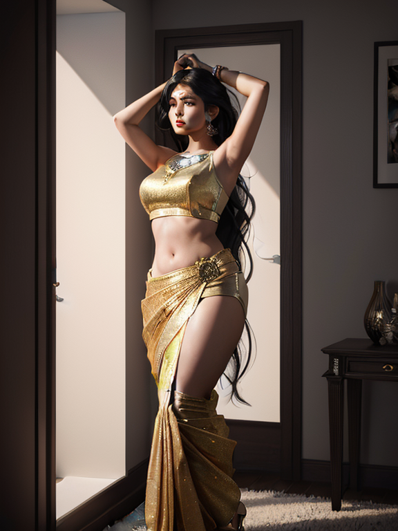 Portrait, A beautiful woman that is standing in a modern room, 35 indian aunty, boob cut saree,wall standing,clear armpit,lipbite,long hair closing front,chubby, full body view, real full body height, beautiful woman standing confidently in a bright, modern room with minimal decor, vivid lighting, and an elegant atmosphere, highly detailed and intricate digital painting, with sharp focus and smooth textures, inspired by the works of artgerm, Beautiful hair, Makeup, Octane render, 8k, Beautiful lighting, Golden ratio composition, hyper realistic