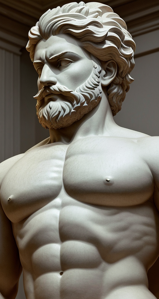 A statue of a stoic, solid man with a prominent physique and a thick beard, showing self-confidence
