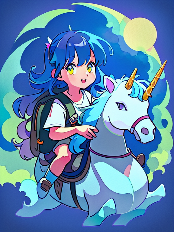 A girl with blue hair riding a unicorn on the background of the moon, black curly-silky hair, tan skin, wearing a backpack, style cartoon, colors, two-dimensional, planar vector, character design, T-shirt design, stickers, colorful splashes, and T-shirt design, Studio Ghibli style, soft tetrad color, vector art, fantasy art, watercolor effect, Alphonse Mucha, Adobe Illustrator, digital painting, low polygon, soft lighting, aerial view, isometric style, retro aesthetics, focusing on people, 8K resolution, octane render