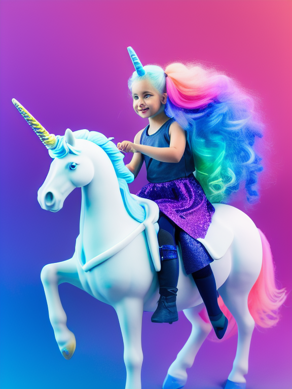 A girl with blue hair riding a unicorn on the background of the moon, 3dpeople, Portrait, Colourful