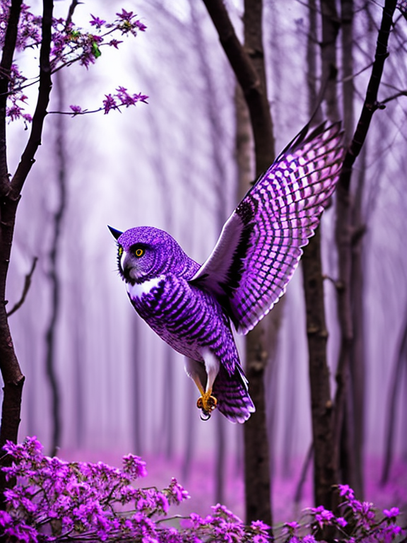 purple owl flight in purple forest; front view
