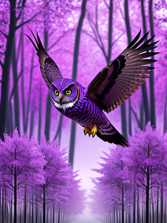 purple owl flight in purple forest; front view; looks at the viewer 