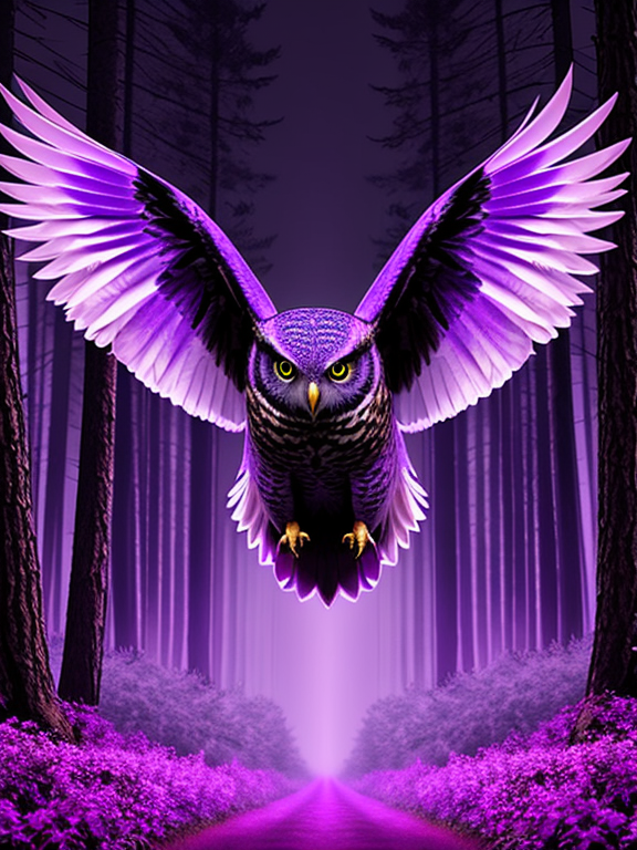 purple owl flight in deep dark-purple forest; front view; looks at the viewer 