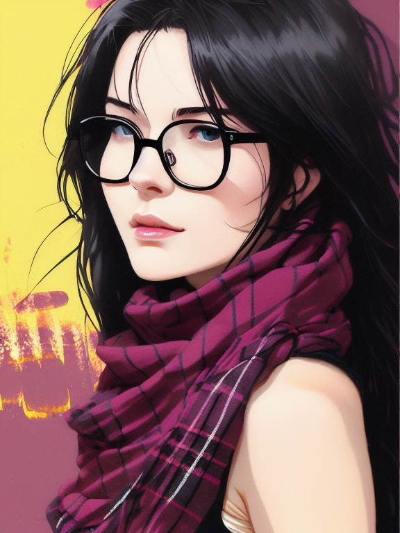 Beautiful woman, lady, mature beauty, beauty mark, sensual anime body, dark-glasses, long black hair, blue eyes, fashion elegance, serious face,, blue eyes, tartan scarf, white hair by atey ghailan, by greg rutkowski, by greg tocchini, by james gilleard, by joe fenton, by kaethe butcher, gradient yellow, black, brown and magenta color scheme, grunge aesthetic!!! graffiti tag wall background, highly detailed portrait