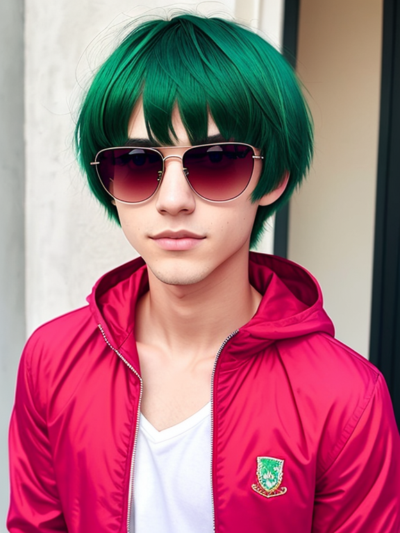Male, 18, bowl cut green hair, red sunglasses onto of my head, handsome, pink taned skin, straight nose, crystal blue eyes, smirk, athletic body shape, dark brown jacket with no hood, red shirt