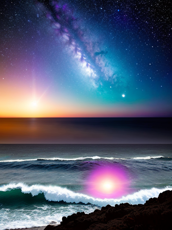 Lost in space with neutron stars and view of galaxy at a beach ocean.