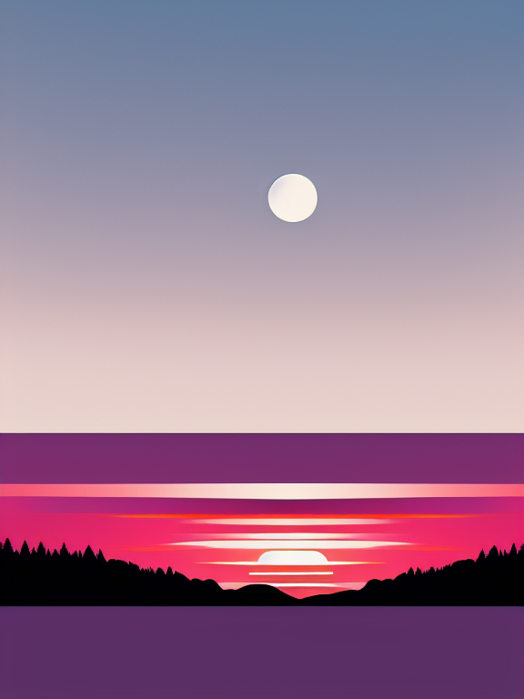 Am I everything?  , with silhouette of full moon, sharp edges, at sunset, with heavy fog in air, vector style, horizon silhouette Landscape wallpaper by Alena Aenami, firewatch game style, vector style background