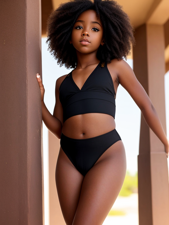 Little black girl with a cameltoe facing straight forward with a sensuous expression 