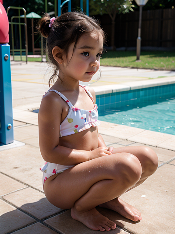 Little toddler girl, playground, on knees, bathing suit 