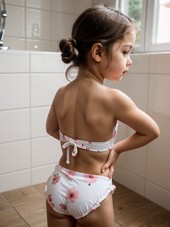 Little toddler girl, bathing suit, looking back
