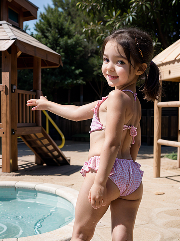 Little toddler girl, playground, bathing suit, looking back, having fun