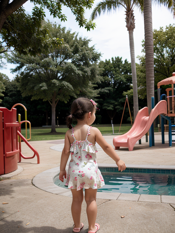 Little toddler girl, playground, bathing suit, looking back