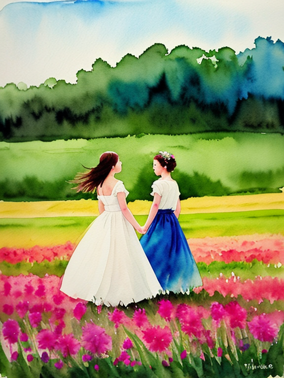 two people dancing in the distance in a field, Flower girl. Watercolor