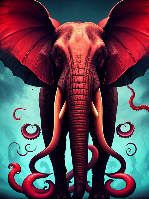 Vampire elephant with wings and octopus tentacles with gaping mouth with sharp teeth dripping blood