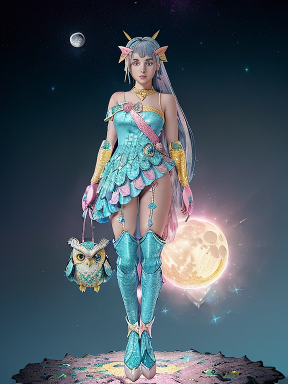 ((in side a Moon  Crater)) ((Eyes open )) wearing an  armour  blue and gold mixed dress with galaxies on the surface ((holding a pink owl with green eyes. Yellow short beak. ((Is a girl with long teal mix blue hair and pink oyster diamond covered hairclips in her hair))(( full body, unreal engine 5