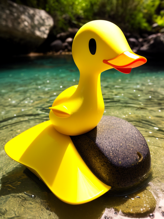 A yellow duck riding fish 