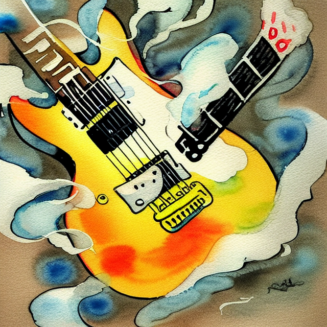 Electric guitar with smoke, wearing traditional kimono, cooking ramen, art detailed cartoon clip art, illustration, Cartoon, watercolor, ink illustration, in the style of Studio Ghibli Beige, traditional japanese Folding screens, cute + Abstract --v 4, painting art