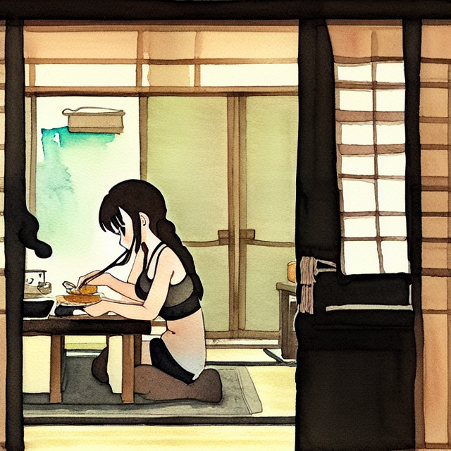 a brown long hair anime girl wear black bra and shorts at her room, cooking ramen, illustration, Cartoon, watercolor, ink illustration, in the style of Studio Ghibli Beige, traditional japanese Folding screens, cute + Abstract --v 4, painting art