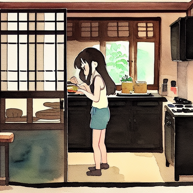a brown long hair anime girl wear black bra and shorts at her room, cooking ramen, illustration, Cartoon, watercolor, ink illustration, in the style of Studio Ghibli Beige, traditional japanese Folding screens, cute + Abstract --v 4, painting art