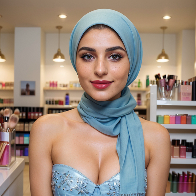 a photo of a beautiful, cute, Very much beautiful Iranian girl smiles with headscarf with very heavily make up lipstick and mascara , standing behind the counter, blue eyes, shiny skin, freckles, detailed skin, price labels, a masterpiece