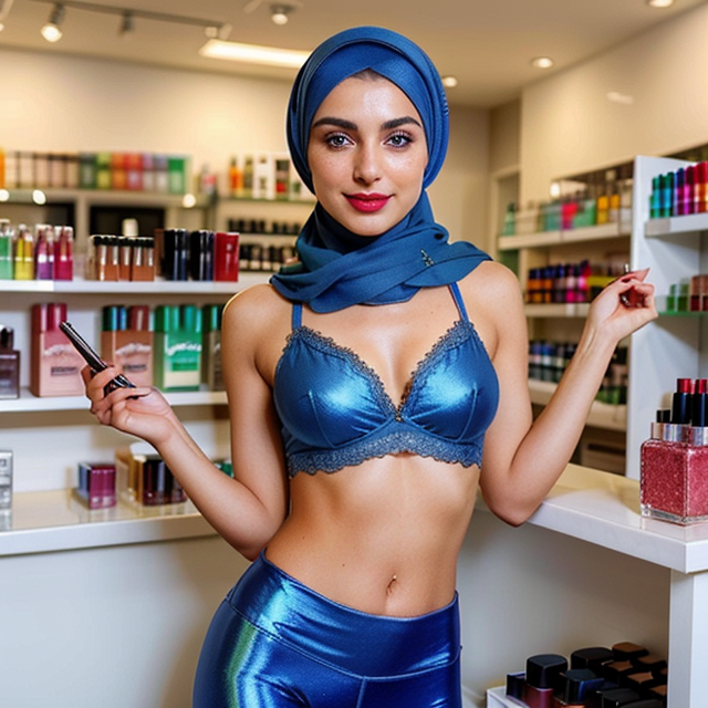 a photo of a beautiful, cute, Very much beautiful Iranian girl smiles with headscarf with very heavily make up lipstick and mascara in very thin leggings and  small manto front open, standing behind the counter, blue eyes, shiny skin, freckles, detailed skin, price labels, a masterpiece