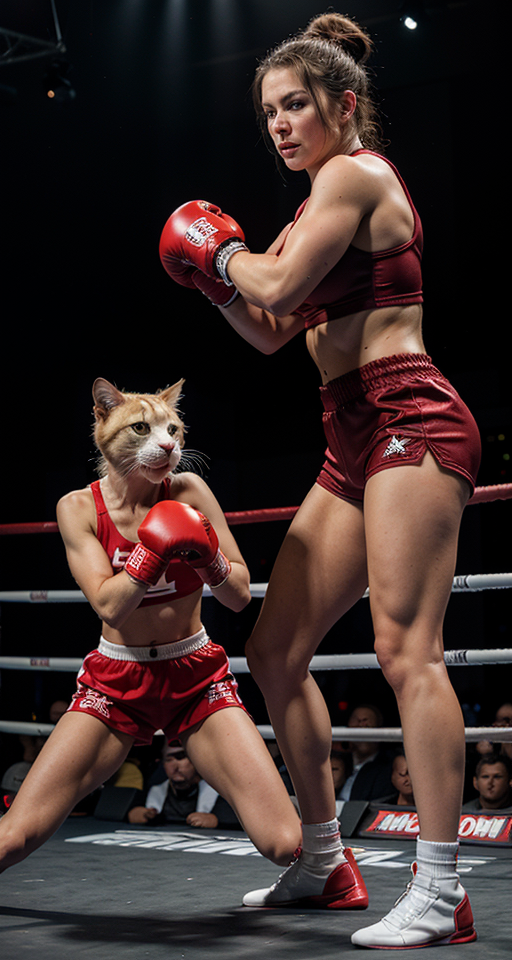 Create a highly detailed and realistic image of a muscular, anthropomorphic white cat standing on two legs, facing off against a muscular, anthropomorphic black dog in a boxing ring. The white cat should be wearing red boxing shorts and gloves, with a red hooded capuch pulled back, revealing a determined expression. The black dog, equally muscular and standing on two legs, should be wearing black boxing shorts and gloves, with an intense expression. Both the cat and the dog should be in dynamic fighting poses, clearly facing each other, ready to engage in combat. The scene should be set in a lively boxing ring with a cheering crowd in the background, capturing the excitement and intensity of the match.  Make sure to emphasize both the cat and the dog in the foreground, with clear visibility of their muscular builds, boxing attire, and intense expressions.