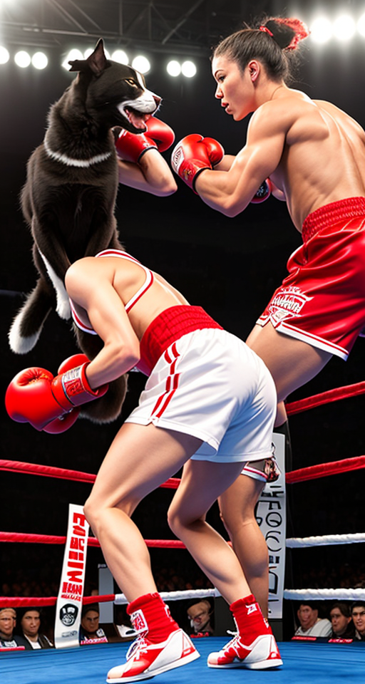 Create a highly detailed and realistic image of a muscular, anthropomorphic white cat standing on two legs, facing off against a muscular, anthropomorphic black dog in a boxing ring. The white cat should be wearing red boxing shorts and gloves, with a red hooded capuch pulled back, revealing a determined expression. The black dog, equally muscular and standing on two legs, should be wearing black boxing shorts and gloves, with an intense expression. Both the cat and the dog should be in dynamic fighting poses, clearly facing each other, ready to engage in combat. The scene should be set in a lively boxing ring with a cheering crowd in the background, capturing the excitement and intensity of the match.  Make sure to emphasize both the cat and the dog in the foreground, with clear visibility of their muscular builds, boxing attire, and intense expressions.